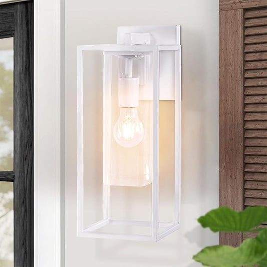 15.7 Inch Outdoor Wall Lights, White Outdoor Wall Lantern with Square Clear Glass Shade, Waterproof Exterior Lighting Fixtures, Modern Front Porch Lighting for House, Garage, E26 Base, ETL Listed