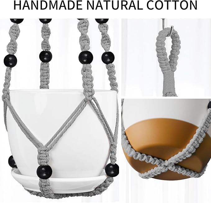 3 Pack Macrame Plant Hanger - 43"/35"/29" Different Sizes, Hanging Planter Basket Flower Pot Holder for Indoor Outdoor, with Wood Beads, Boho Home Decor, Gray (POTS NOT Included)