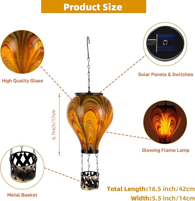 2PCS Solar Hot Air Balloon Lantern with Flame Flickering Light Tie-Dye Glass Hot Air Balloon Solar Lanterns Outdoor Waterproof Hanging Garden Light for Patio Porch Yard Decor,Gift for Women