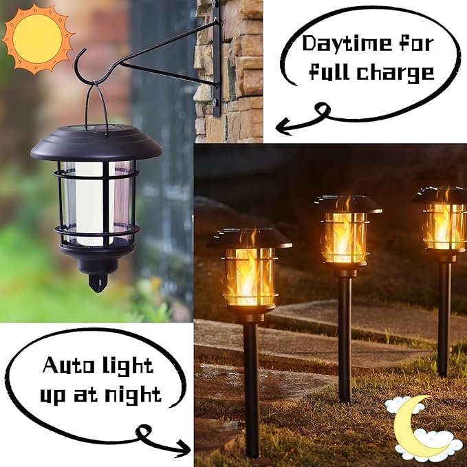 Dynaming 6 Pack Solar Flame Torch Lights Outdoor, Dual Use Flickering Flame Garden Light, Hanging Lantern Lights, Auto On/Off & Waterproof Landscape Lighting for Lawn Patio Yard Walkway Driveway