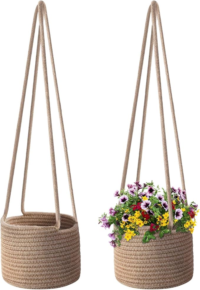 Flexzion Hanging Plant Basket (2 Pack) Cotton Rope Basket Indoor Planter Hanger (up to 7 Inch Flower Pot) Macrame Woven Organizer Bin Home Decor Storage Organizer 20" Hanging Rope, Brown
