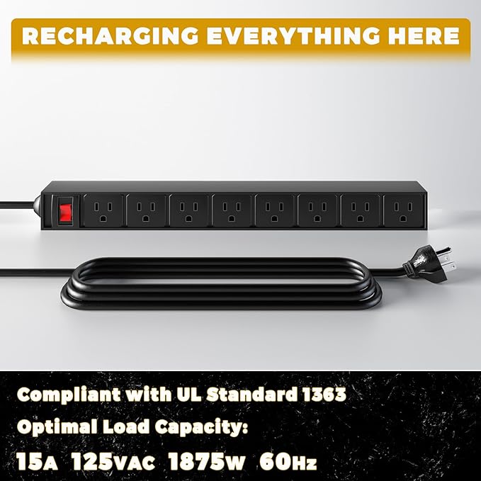 KAFAHOM Power Tool Organizer with Charging Station, Built in 8 Outlet Power Strip,Large 8 Drill Holder Wall Mount, Heavy Duty Metal Power Tool Storage Rack Tool Shelf for Garage Organization Yellow