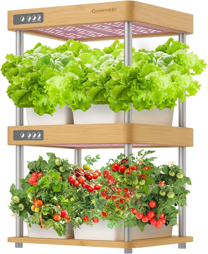 GROWNEER HydroEasy1.0 Hydroponics Growing System Kit, Beginner-Friendly Indoor Garden for Vegetable Fruit Herb, Bamboo Design, Perfect Gift Idea, Full-Spectrum LED Lights for Maximum Growth