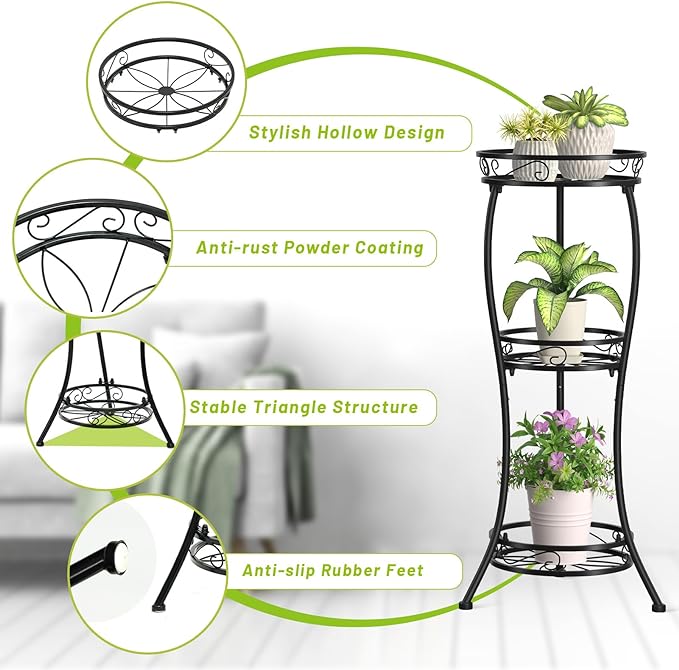 KMOTASUO 3 Tier Tall Metal Plant Stand, 33 Inch Plant Stands Indoor Outdoor, Rustproof Iron Flower Pot Holder Display Rack for Corner Patio Garden Balcony Living Room(Black)