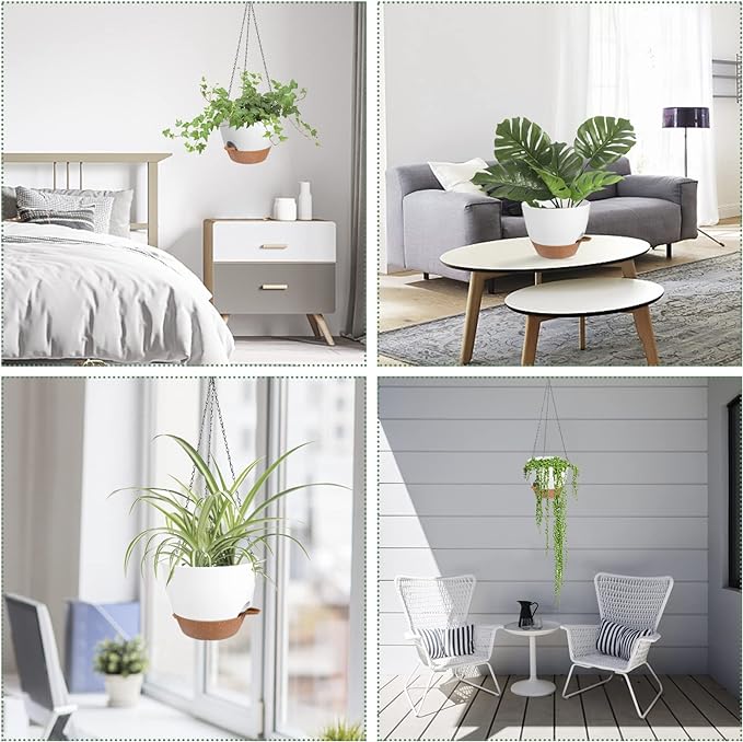 Hanging Planters for Indoor Outdoor Plants, 2 Pack Self Watering Hanging Pot with Drainage Holes & Removable Tray (White, 10'')