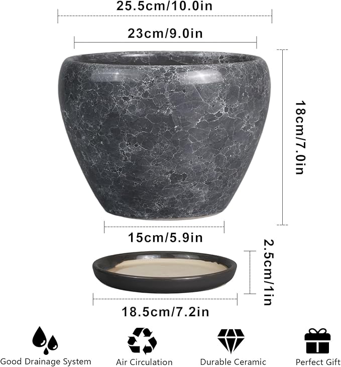 Ceramic Planters for Indoor Plants - 10 Inch Plant Pot with Drainage Hole and Saucer, Large Flower Pot for Home Decor, Gray