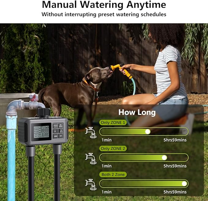 Uzoli SGW07 Sprinkler Timer, Water Timer for Garden Hose, Programmable Hose Timer 2 Outlet with Rain Delay, Manual, Auto System Controller, IP55 Waterproof Drip Irrigation Timer for Yard, Lawn, Pool