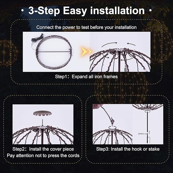 Christmas Ball Light Sphere, 10IN 48LED Hanging Tree Light and Pathway Lights with Hook and Stake, Foldable Metal Frame Light Ball for Outdoor Garden, UL Listed, Brown Frame, RGB