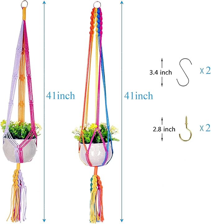 Rainbow Colorful Macrame Plant Hanger with 4 Hooks, Hanging Plant Holder Indoor Outdoor, Handmade Cotton Rope for Boho Room Decor Hanging Ceiling Decor，2 Pack