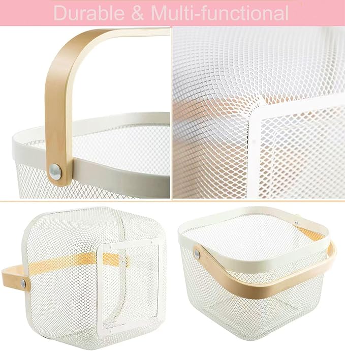 Metal Mesh Steel Basket, Storage Organizer Basket Multi-functional Hanging Kitchen Baskets Fruit Basket Bin with Bamboo Handle for Kitchen Bathroom Picnic Shopping Decor Cabinet Home, Beige