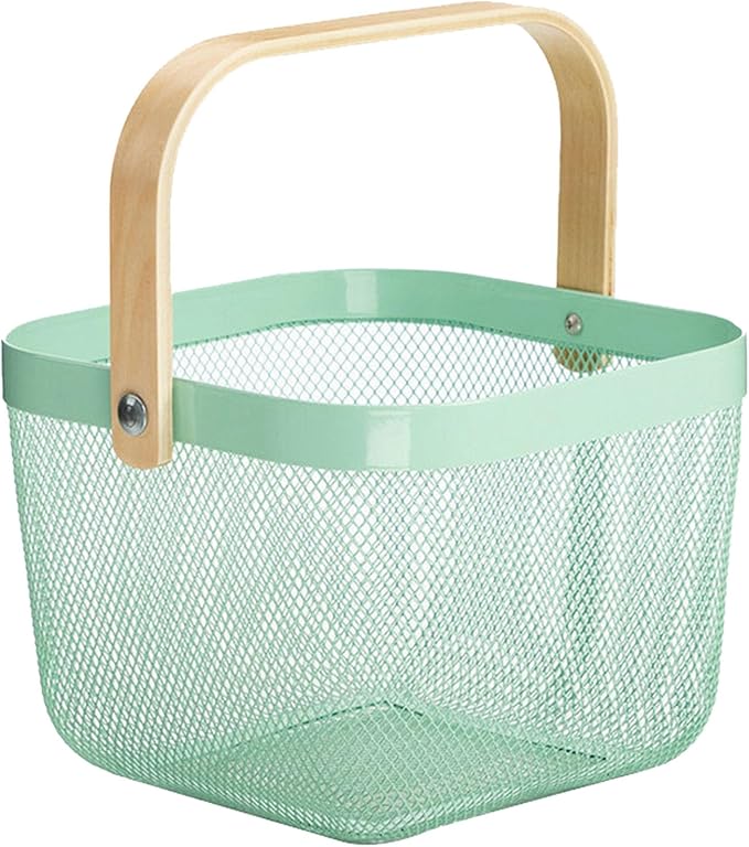 Metal Mesh Steel Basket, Storage Organizer Basket Multi-functional Hanging Kitchen Baskets Fruit Basket with Wooden Handle for Kitchen Bathroom Picnic Shopping Decor Cabinet Home, Macaron Blue
