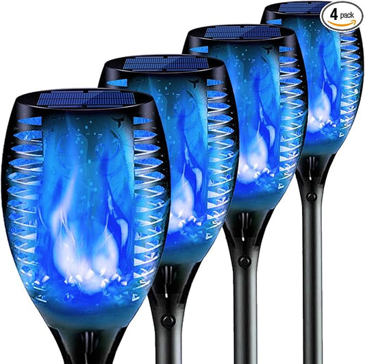4PCs Halloween Solar Torch Lights Outdoor, 43in 96 LED, Waterproof Landscape Garden Pathway Light with Blue Vivid Dancing Flickering Flames, Auto On/Off Dusk to Dawn for Halloween Lights Decoration