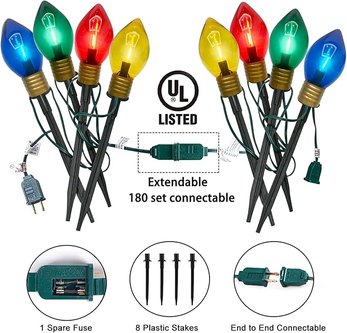 Jumbo C9 Christmas Pathway Lights Outdoor, 2 Pack 7Ft Christmas Decorations Lights with 8 LED Jumbo Multicolor Bulb and Pathway Marker Stakes Lights for Outdoor Christmas Walkway Lawn Yard Garden