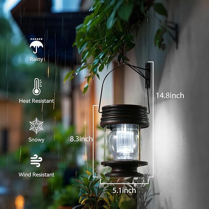 Solar Lantern - Hanging Solar Lights Outdoor - 2 Pack Solar Powered Waterproof Led Lanterns Vintage Design for Landscape Yard Garden Pathway Beach Pavilion Decoration (White Lights)