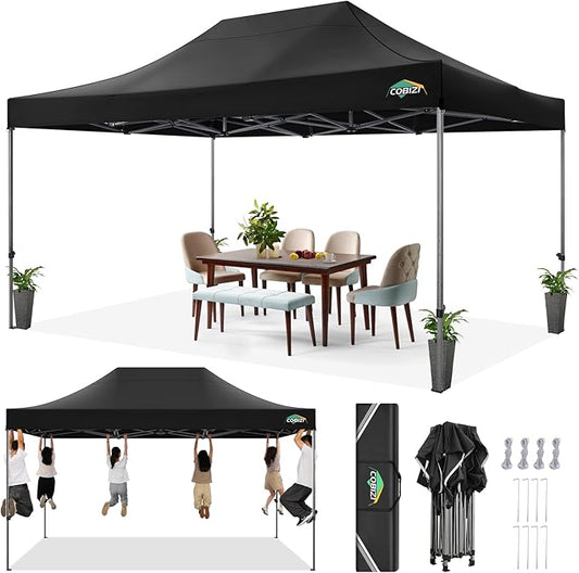COBIZI 10x15 FT Pop up Canopy Tent,Heavy Duty Easy Up Commercial Outdoor Party Canopy Tents for Wedding Parties All Season Wind & Waterproof Gazebo with Carry Bag,Black(Frame Thickened)