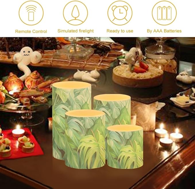 Flameless Light Candles Battery Operated Candles with Color Changing Timer Remote Control Fake Pillar Candles Tealights Home Indoor Desktop Decorations, Green Monstera Leaf