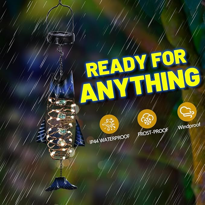 HONGLAND 2 Pack Solar Lantern Outdoor - Metal Fish Hanging Decoration - Waterproof Warm LED Lights Outside - Unique Gifts for Garden Man Women Holiday Days, Birthdays, Attractive Addition to Yard Art