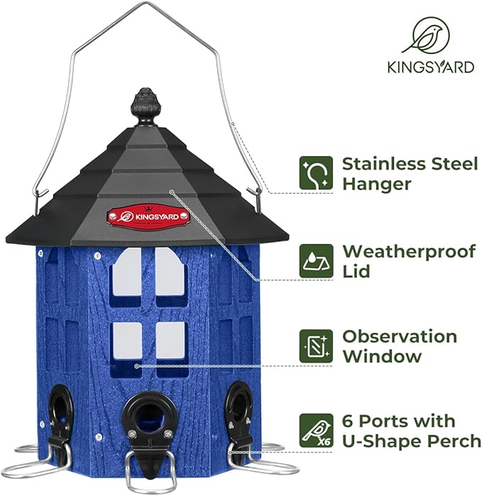 Kingsyard Wild Bird Feeder for Outdoor Hanging, Recycled Plastic Bird Feeders with 6 Ports & U-Shape Perch, Garden Yard Outside Decoration, 3.5 lbs Seed Capacity, Blue