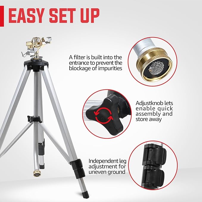 YAMATIC Impact Sprinkler on Tripod Base, 360 Degree Large Area, Heavy Duty Adjustable Pulsator Sprinkler for Lawn Yard and Grass, Spray up to 20-90ft(36inch) Brass Head, 1Pcs