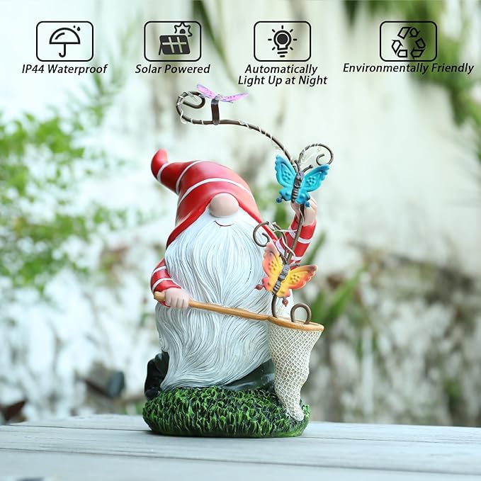 Garden Gnome Statue, Solar Funny Gnomes Figurine Catching Butterflies with LED Lights Waterproof Resin Outdoor Decor for Patio Lawn Yard Home Tabletop Decoration