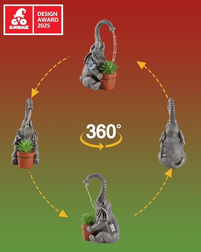 Solar Powered Resin Elephant Garden Statue with Water Fountain Light - Durable Outdoor Decor for Patio and Lawn - Unique Elephant Gift for All Ages