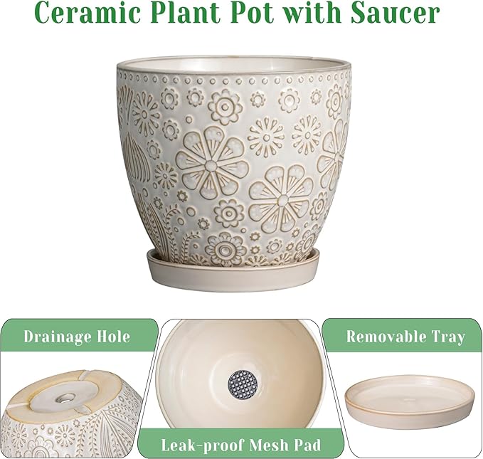 6 Inch Plant Pot with Drainage Hole and Saucer Ceramic Planter for Indoor Plant Flower Pot for Orchid Succulents Plants White