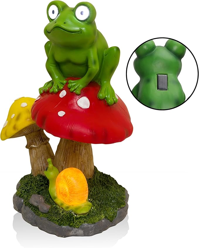 Alpine Corporation ZEN390SLR-S Frog on Mushroom Statue with LED Lights, Solar-Powered LED Frog Garden Statue, 12" H, Green