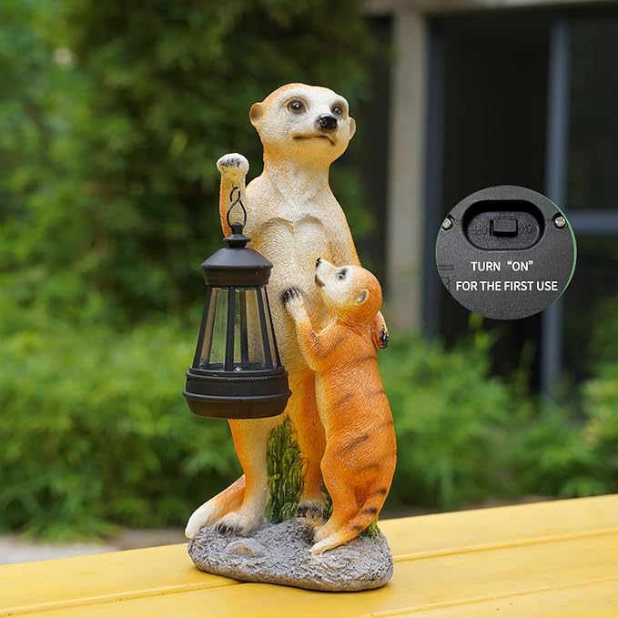 Solar Outdoor Garden Statues Lights ,Resin Meerkat Figurine with Solar Lantern Outdoor Decor for Yard Decoration Lawn Patio Balcony Ornament, Mom Gifts Birthday Gifts for Women