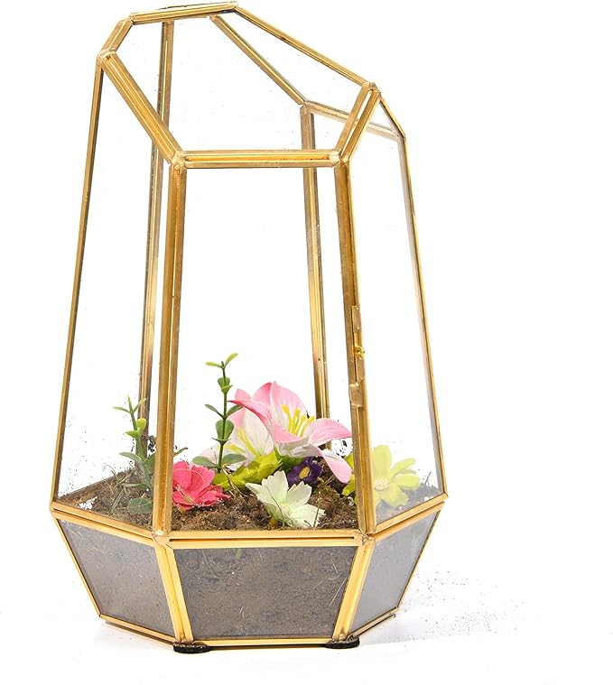 Golden Geometric Glass Terrarium with Door - 9.8" Tall Irregular Clear Planter for Succulents,Ferns,Moss,Cacti | Indoor Fairy Garden,Tabletop Display,Wedding Home Decoration (Plants Not Included)