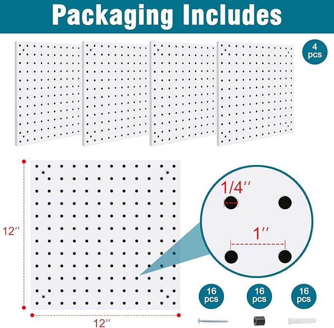 4 Pack Steel Peg Board,Universal 1/8 and 1/4 Pegboard Accessories,Ideal for Garage Tool Storage, Office Organization, Craft Room, Kitchen etc. (White, 4-12X12)