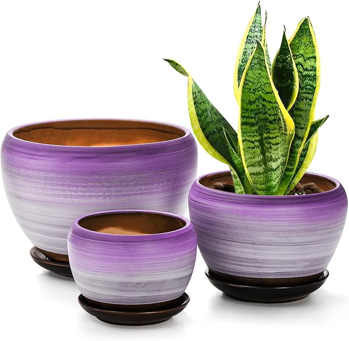 SOUJOY Set of 3 Ceramic Flower Pots, Gardening Plant Pot with Drainage Holes and Saucer, 7/5/4 inch Purple Round Succulent Herbs Cactus Planter for Indoor Outdoor
