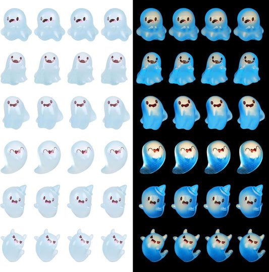 KIMOBER 24PCS Mini Luminous Ghost Miniature Figurines,Assorted Spooky Glow in Dark Resin Ghost Tiny Elf Figures for Fairy Garden Micro Landscape Decor Cake Topper Halloween(Assorted Ghost)
