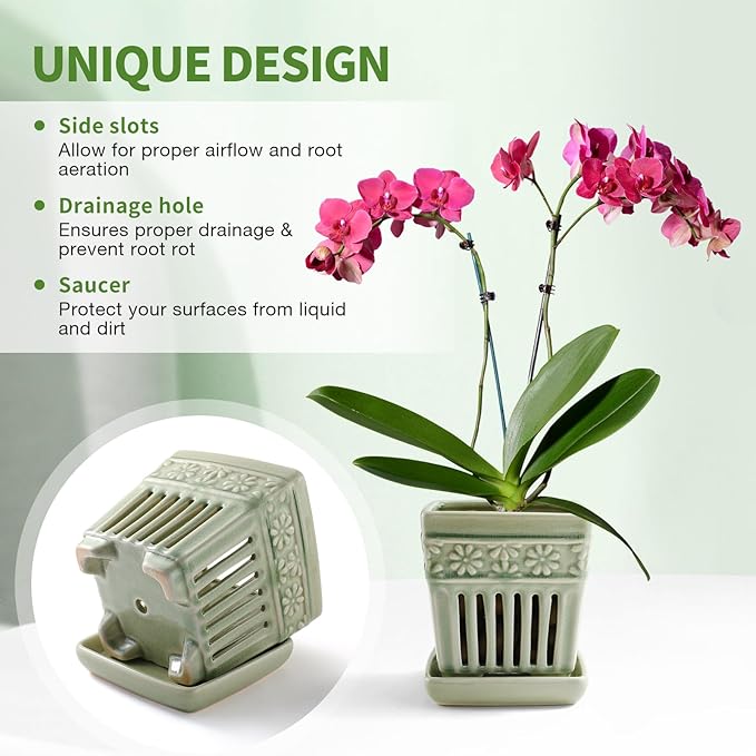 Orchid Pots with Holes | 5" Ceramic Orchid Planter with Separate Saucer and Drainage Holes | Glazed Pottery Small Flower Pot for Repotting Orchids(Green)
