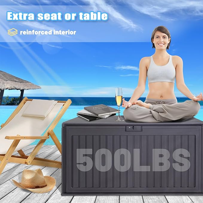 100 Gallon Outdoor Storage Box Waterproof, Resin Deck Box with Dual-Wall, Patio Cushion Storage Box for Garden Tools, Pool Supplies, Toy