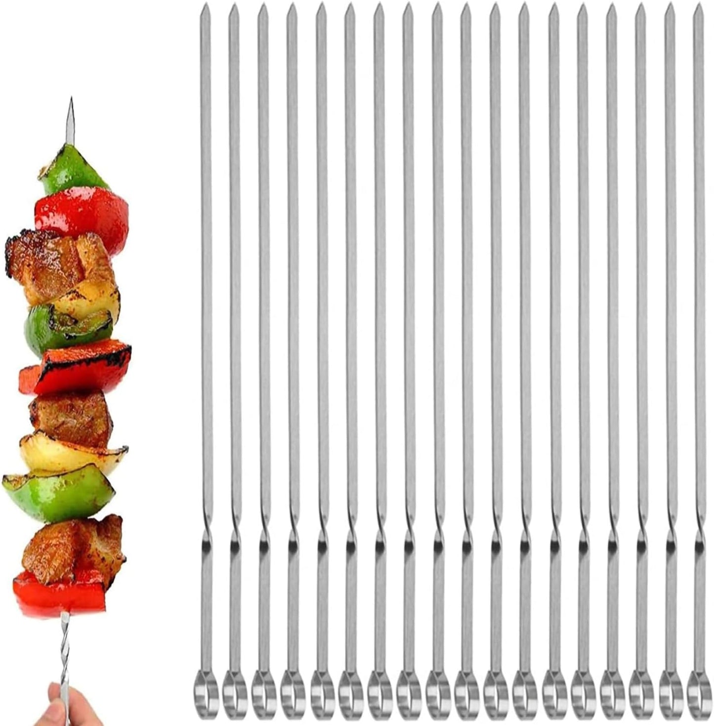 18PCS Kabob Skewers Flat Metal BBQ Barbecue Skewer 16" Long Stainless Steel Shish Kebob Sticks Wide Reusable Grilling Skewers Set for Meat Shrimp Chicken Vegetable, 18 Pack