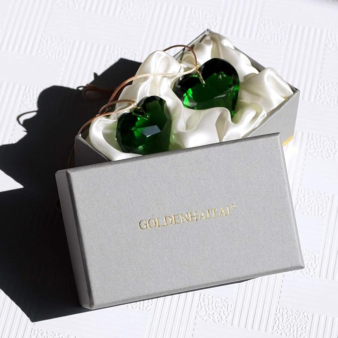 Green Heart Crystal Suncatcher, 2pc 45mm Hanging Prism for Windows, Outdoor Indoor Decoration, Rainbow Maker Gifts for Mom, Grandma, Friend