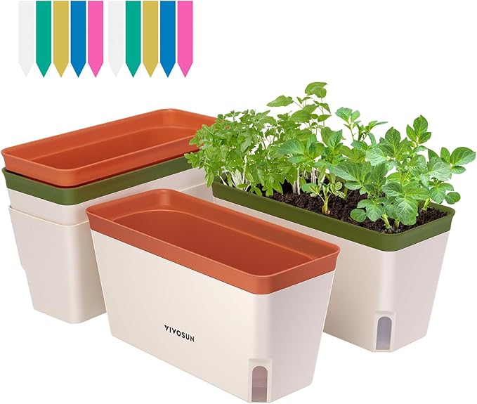 VIVOSUN Self-Watering Planters, 4-Pack 10.5 Inch Compact Rectangular Window Herb Planter Box with 10 PCS Plant Labels, Plant Container for Basil, Flowers, Succulents, Indoor & Outdoor