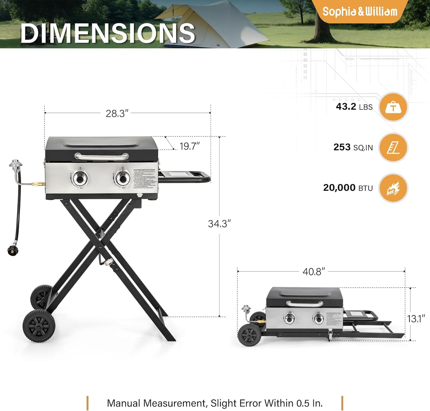Sophia & William Portable Gas Grill Griddle, Small Propane BBQ grill with Foldable Legs & Wheels for Outdoor Barbecue, Camping, Tailgating, Roadtrip, RV, 2 Burner Flat Top Griddle, 20,000 BTU, Black