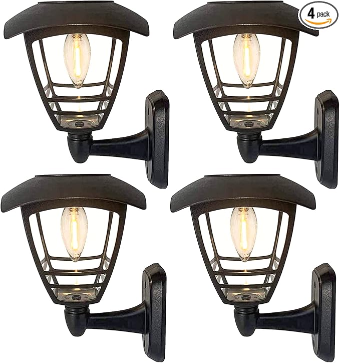 MAGGIFT 4 Pack Solar Powered Wall Lantern, Outdoor 10 Lumen LED Edison Bulb Warm White Solar Lights Wall Sconce with No Wiring Required, Fixture with Wall Mount Kit