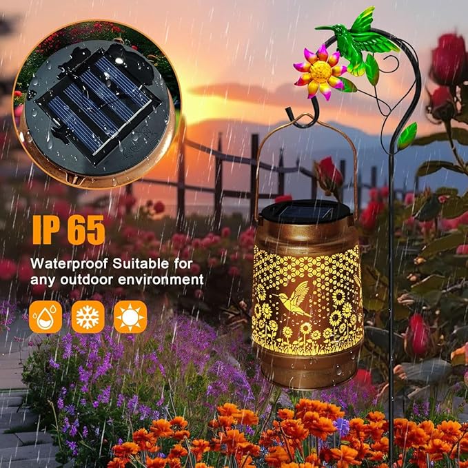 2 Pack Solar Lanterns Outdoor Decor - Perfect Gifts for Mom Women Grandma, Solar Powered Hummingbird Sunflower Lantern with 8-Hour Runtime, Waterproof & Easy to Use for Garden, Patio, Yard