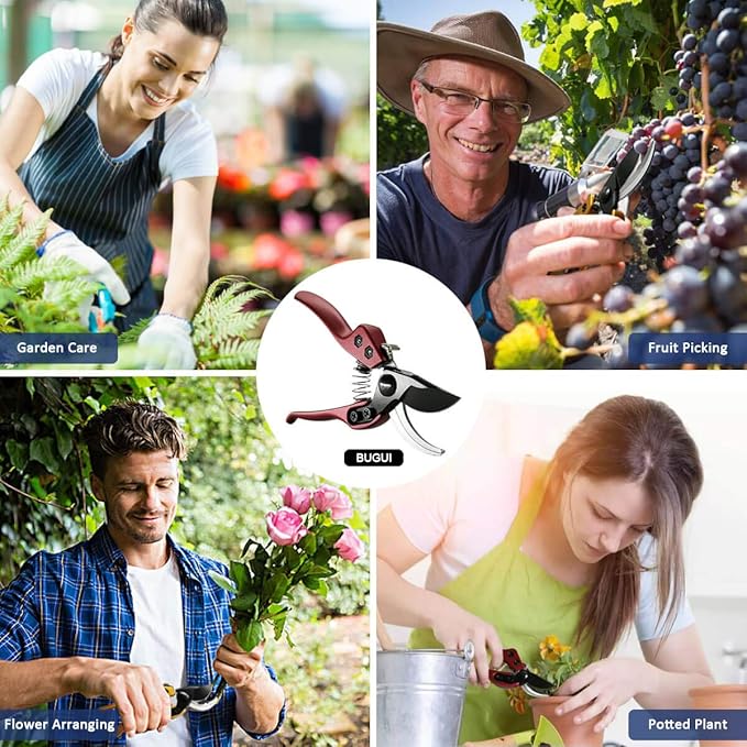 BUGUI 8" Heavy-Duty Pruning Shears, Professional Bypass Gardening Scissors, 1" Cutting Capacity, Sharp Garden Clippers with Low-friction Painted Stainless Steel Blade (Red)