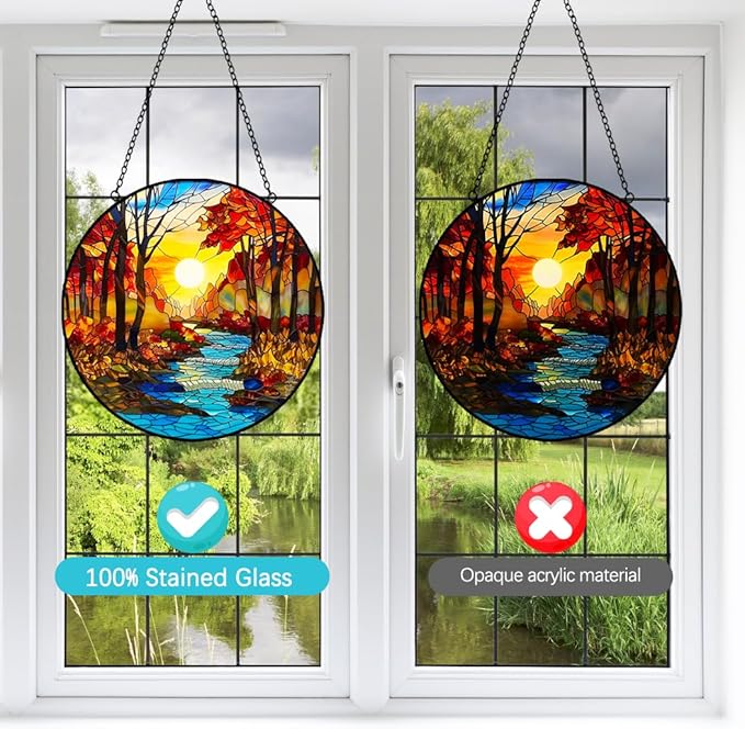 Sunrise Tree and River Landscape Stained Glass Suncatcher for Window Hanging - Sunrise Painting Sun Catcher Window Ornaments with Metal Chain and Hook - Decor Gift for Mom Wife Husband Nature Lovers