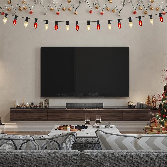 C7 LED Christmas String Lights, 25Ft Clear Red/ Frosted White Christmas String Lights with 27 LED Edison Bulbs, Connectable Vintage Christmas Lights for Outdoor Christmas Garden Wedding Party Decor