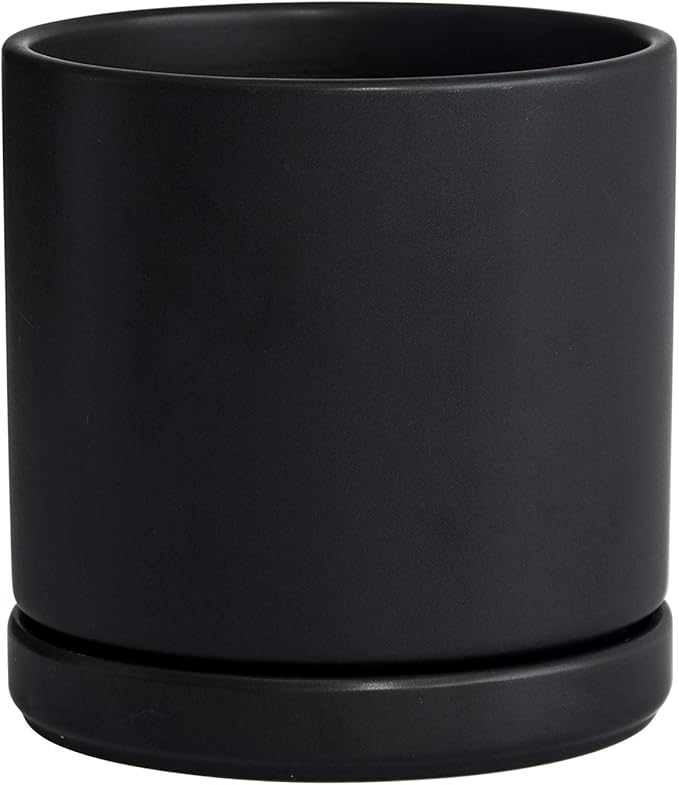 D'vine Dev 6 Inch Ceramic Planter Pot with Drainage Hole and Saucer, Indoor Cylinder Round Flower Pot, Black, 94-O-C-2