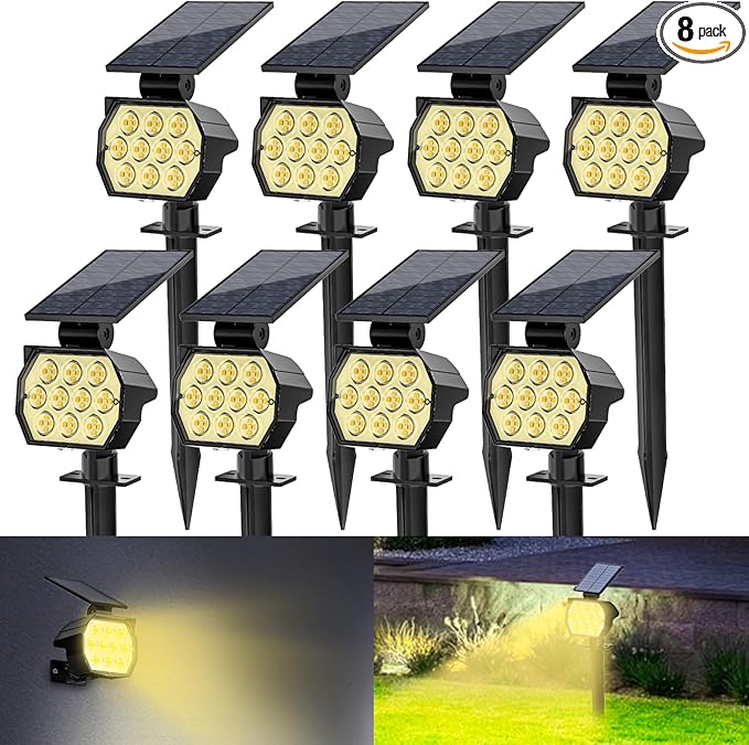 Solar Spot Lights Outdoor, [8 Pack/50LED] Solar Lights Outdoor Waterproof IP67, Dusk-to-Dawn 3 Lighting Modes Adjustable Landscape Spotlight for Garden, Yard, Pathway