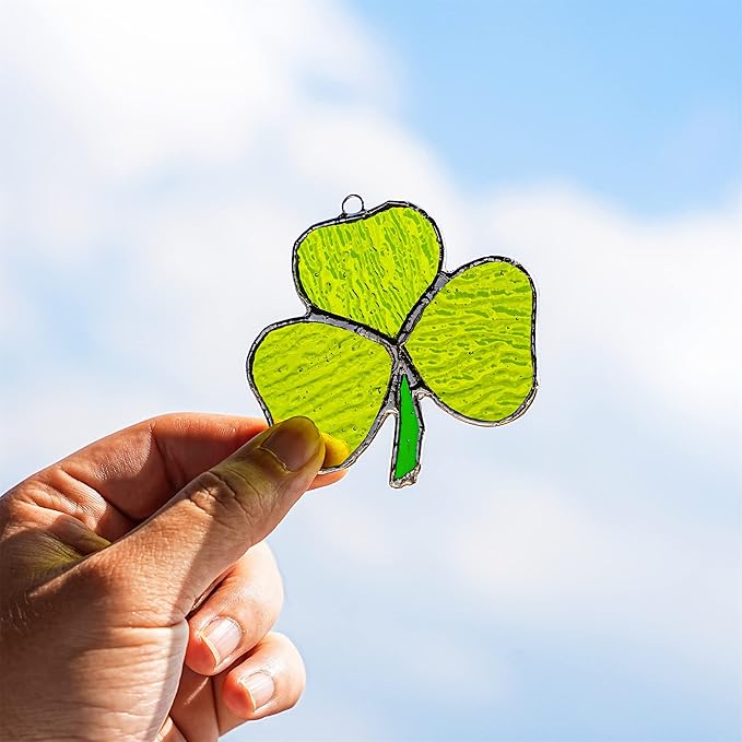 Handmade Stained Glass Shamrock Sun Catcher Window Hanging Irish Suncatcher St. Patrick's Day Decor for Home Green Clover Flower Stained Glass Window Panels for Window 3inch