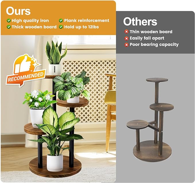 GEEBOBO 3 Tier Plant Stand Indoor, Metal Wood Plant Stands For Indoor Plants Multiple, Corner Tiered Flower Plants Shelf Stand for Living Room Bedroom, Brown