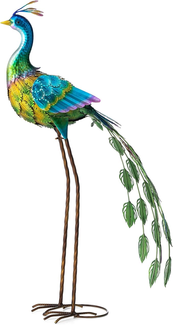 Glitzhome Metal Standing Peacock Garden Statue with Stakes Outdoor Decoration, 32" H
