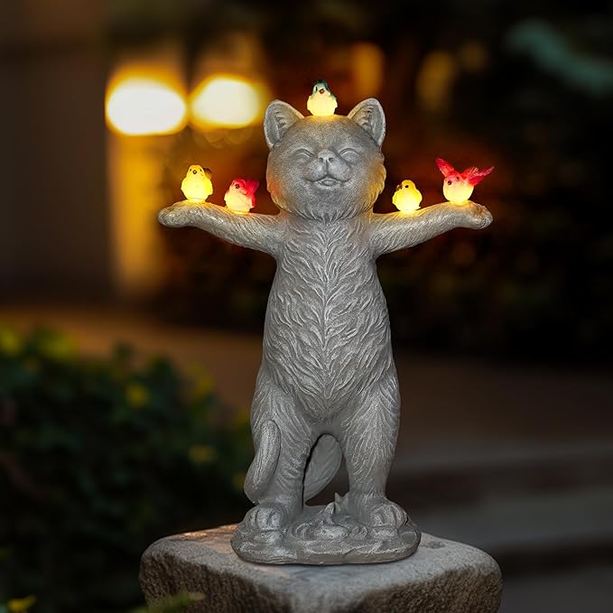 MININOVA Solar Outdoor Decorations Garden Statue Cat Figurines with Birds for Yard Patio Balcony Lawn Outside Ornaments Gifts for Women Mother Kids
