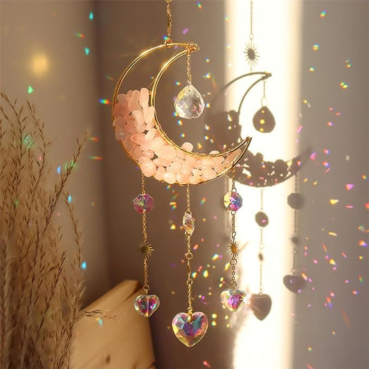 Crystal Suncatcher Hanging Moon Sun Light Catcher with Glass Prisms for Window Natural Pink Crystal Decor Home Indoor Making Rainbows